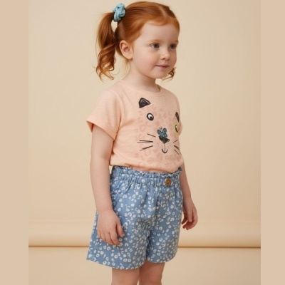 Menina com camisola cor pêssego com estampa de animal e calções azuis com padrão branco