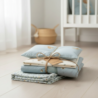 Conjunto de roupa de cama para bebé em tons azuis e creme com padrões e almofadas, amarrado com cordão e etiqueta, sobre chão de madeira clara