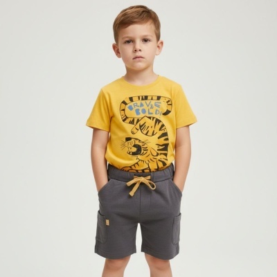 Criança com camisola amarela e calções cinzentos em fundo branco