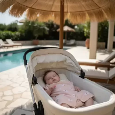 Bebé a dormir em carrinho bege junto à piscina sob guarda-sol de palha