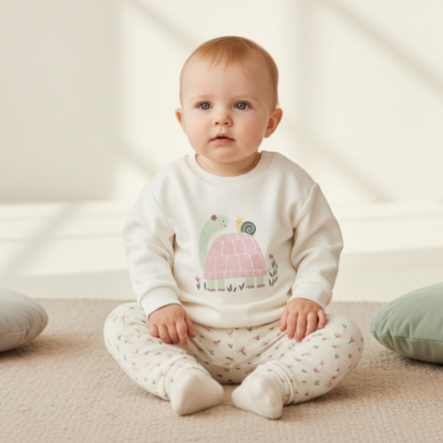 Bebé com roupa confortável sentada em tapete com almofadas coloridas