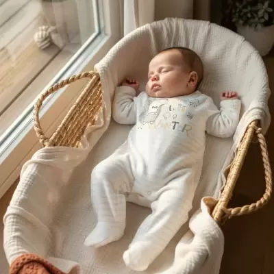 Bebé adormecido com fato branco riscado a dormir numa alcofa de palha junto a uma janela