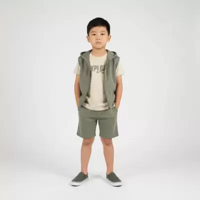 Menino com colete verde, t-shirt bege com texto, calções verdes e sapatilhas verdes em fundo branco