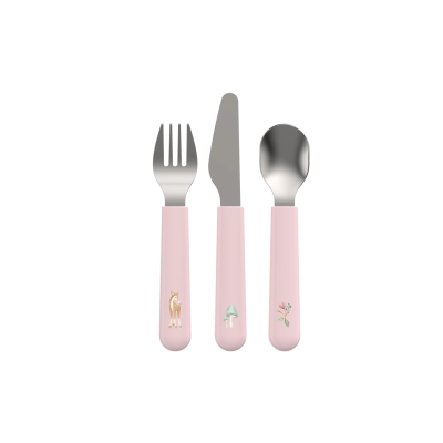 Talheres infantis com cabos rosa e ilustrações decorativas