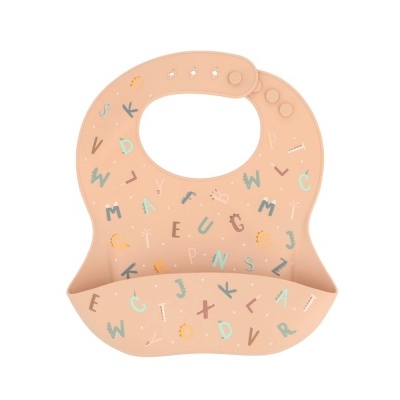 Babete de silicone com letras coloridas e bolso para recolher migalhas