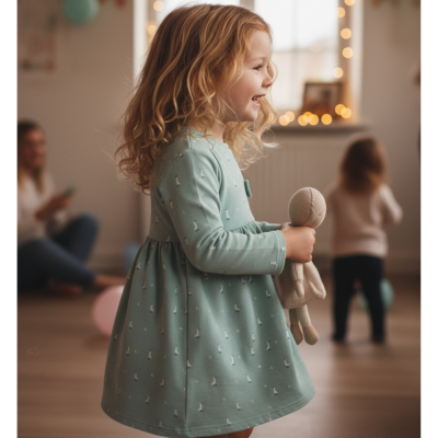 Criança com vestido verde-água segurando boneco de tecido em ambiente interior