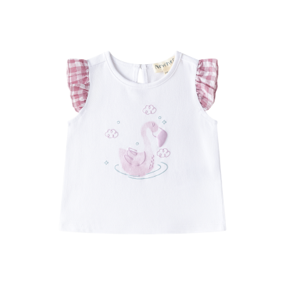 Camisola branca com mangas rosa xadrez e print de flamingo