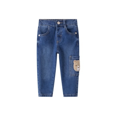 Calças de ganga azuis para criança com bolso decorado com rosto de urso