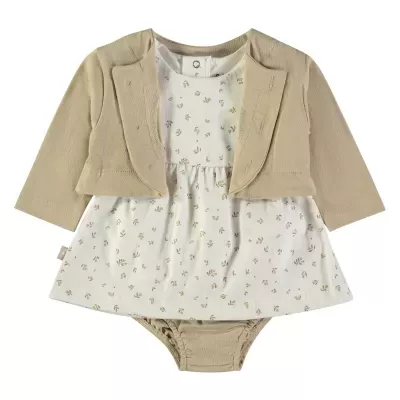 Body para bebé bege e branco com padrão floral