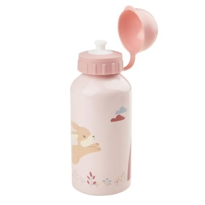 Garrafa de água rosa com ilustração de coelho e tampa aberta