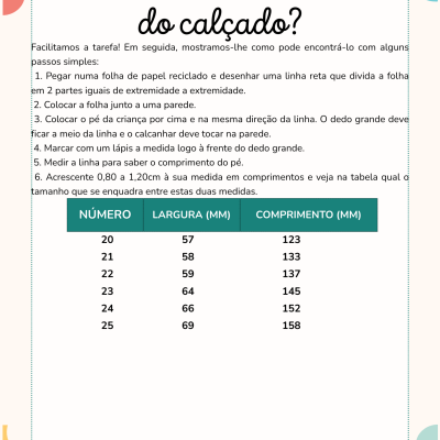 Folheto da Conguitos com guia para escolher tamanho de calçado e tabela de medidas.