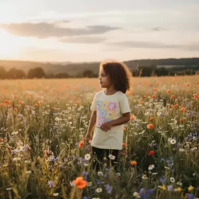 Camisola de criança amarela com estampado de flores coloridas na campina