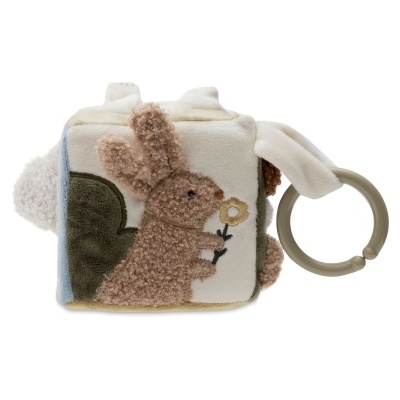 Brinquedo macio em forma de cubo com padrão de coelho e anel de pendurar
