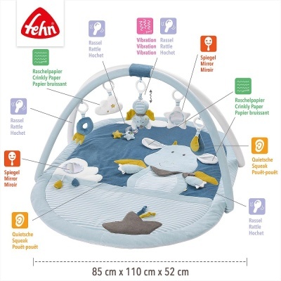 Tapete de atividade azul para bebé com brinquedos pendurados e textos com funcionalidades