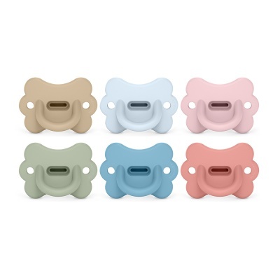 Seis chupetas de silicone em cores pastel dispostas em duas filas