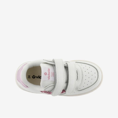 Ténis infantil branco com detalhes rosa e velcros