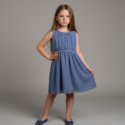 Vestido azul sem mangas para menina com padrão de pontos e sapatilhas azuis