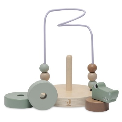 Brinquedo infantil de madeira com base redonda, contas coloridas e peça em forma de crocodilo.