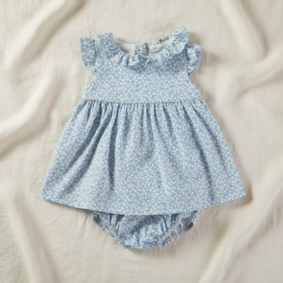 Vestido e tapa-fraldas azul claro com padrão floral