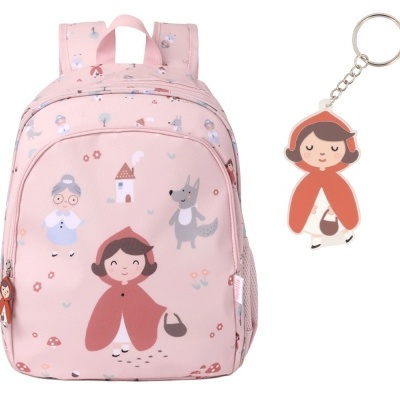 Mochila infantil rosa com estampa do chapeuzinho vermelho e chaveiro correspondente
