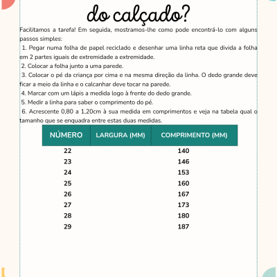 Instruções de escolha de tamanho de calçado Victoria com tabela de medidas