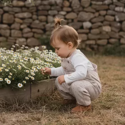 Bebé com roupa bege e botas castanhas a colher flores num jardim com parede de pedra