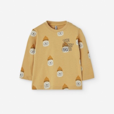 Camisola de manga comprida bege com estampado de gatos e texto THE FURRY GANG