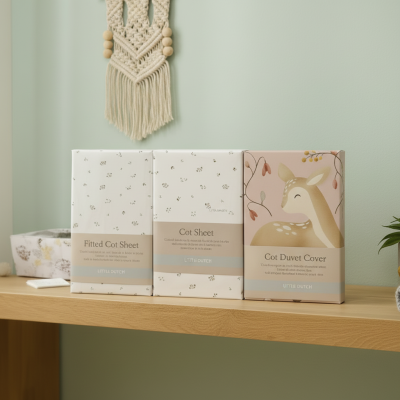 Três embalagens de roupa de bebé Little Dutch na prateleira de madeira