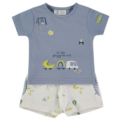 Conjunto bebé t-shirt azul com estampado e calções brancos com padrão colorido