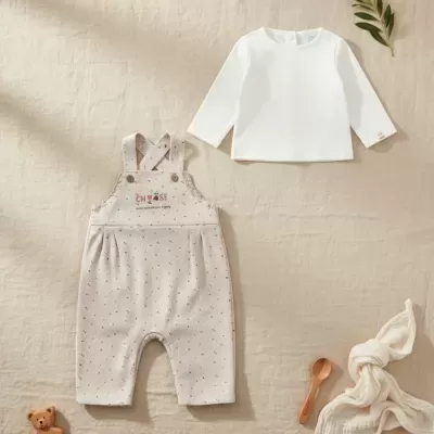 Conjunto de roupa de bebé incluindo jardineiras bege com pontos e camisola branca