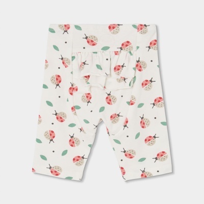 Calças de bebé brancas com padrão de joaninhas e folhas e volante nas costas