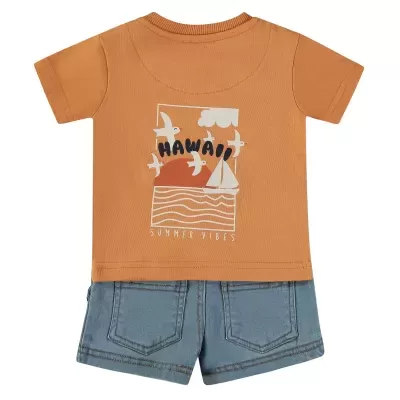 Conjunto infantil t-shirt castanha com estampa e calções azuis.