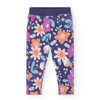 Leggings infantis com padrão floral colorido em tons de azul, laranja, rosa e roxo