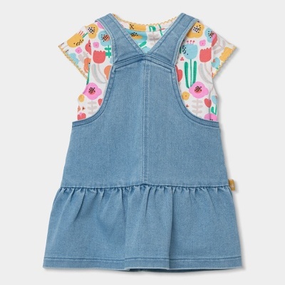 Vestido criança denim azul com camisola interior estampada flores coloridas