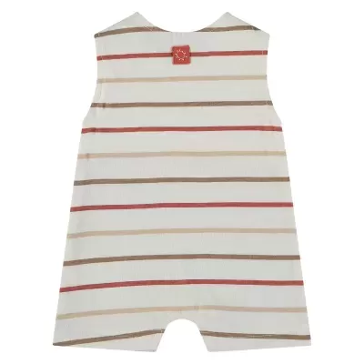 Macacão de bebé às riscas bege, castanho e vermelho