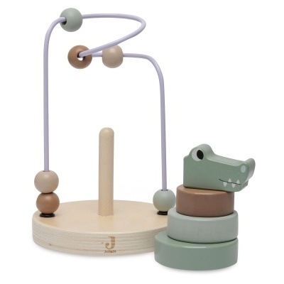 Brinquedo educativo em madeira com contas coloridas e peças empilháveis em forma de crocodilo