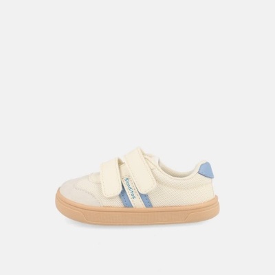 Sapatilha infantil creme com sola castanha e detalhes azuis