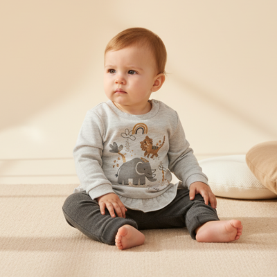 Bebé com roupa cinzenta estampada sentado no chão