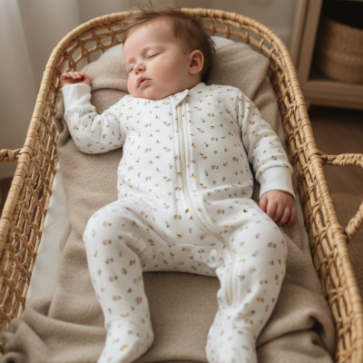 Macacão branco de bebé com flores coloridas numa cesta de verga