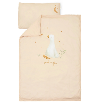 Conjunto de cama infantil bege com pato branco, estrelas e lua crescentes