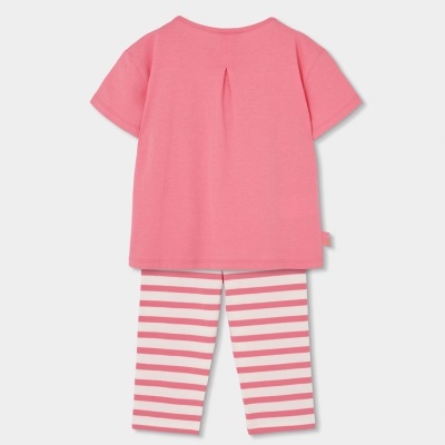 Conjunto de roupa infantil rosa com t-shirt e leggings às riscas