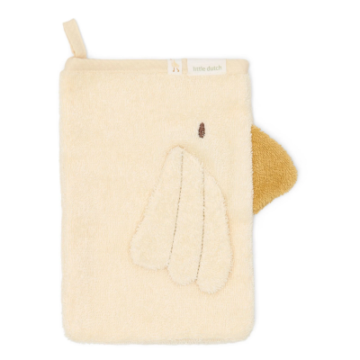 Lufa de banho bege com asa e olho bordado e etiqueta little dutch