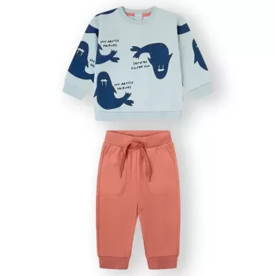 Conjunto infantil azul clara com focas e calças coral