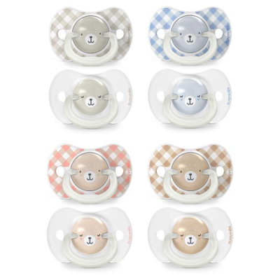 oito chuchas Suavinex com desenhos de animais e padrões xadrez em várias cores