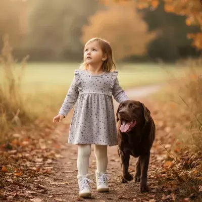 Criança com vestido cinzento e cão castanho escuro a caminhar num caminho de terra com folhas de outono