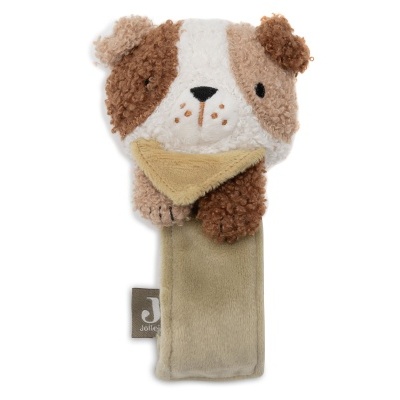 Brinquedo macio para cão em forma de cachorro castanho e branco com tecido verde-acinzentado