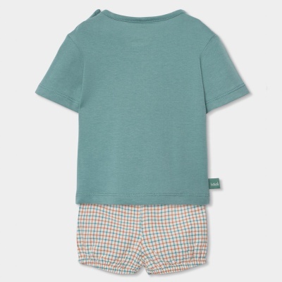 Conjunto bebé t-shirt azul esverdeado e calções xadrez branco azul laranja