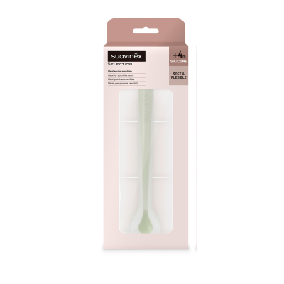 Colher de silicone verde clara para bebés Suavinex em embalagem rosa