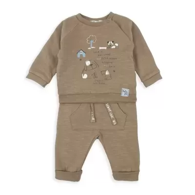 Conjunto de roupa para bebé castanho claro com estampado de cães e texto