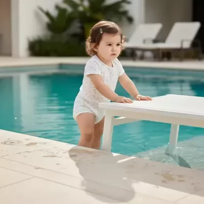 Bebé com body branco junto a piscina e mesa branca.